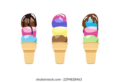 Cartoon gelato and waffle cones with ice cream balls. Ice cream food in chocolate strawberry mint and vanilla flavors. Various toppings waffle cups and sundae. Vector illustration.