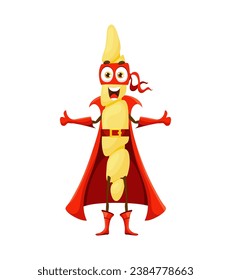 Cartoon gemelli italian pasta food superhero character. Isolated vector zany pastaman super hero quirky personage, sporting a noodle-like body, ready to save the day with macaroni superpower