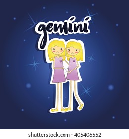 cartoon Gemini girls on starry night background