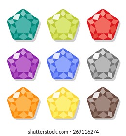 Cartoon gems icons set in different colors. Vector jewels on white background