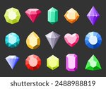 Cartoon gemstones set. Different shape and color gems collection isolated on black vector illustration