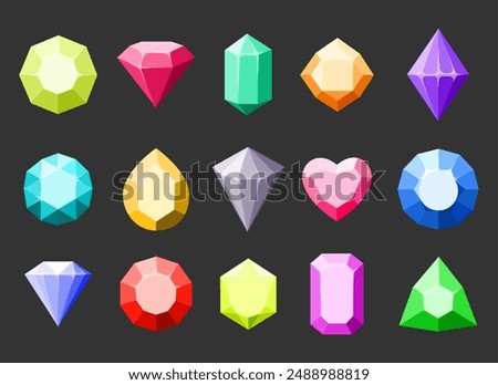 Cartoon gemstones set. Different shape and color gems collection isolated on black vector illustration