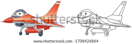 Cartoon general dynamics F-16 fighting falcon. Coloring page and colorful clipart character. Cute design for t shirt print, icon, logo, label, patch or sticker. Vector illustration.