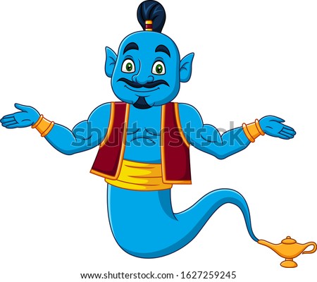 Cartoon genie appear from magic lamp