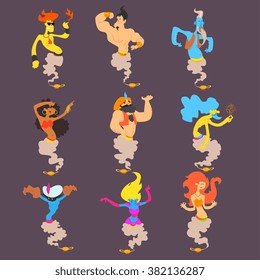 Cartoon Genie Colorful Vector Flat Illustration  Set