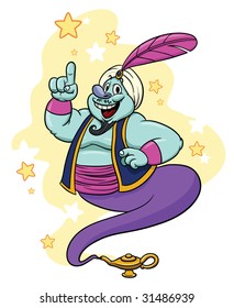 Cartoon genie coming out of his lamp. Three different layers for easy editing.