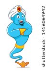 Cartoon Genie coming out of a magic lamp, blue genie cartoon
