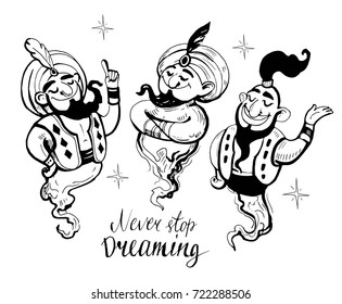 Cartoon genie. Hand drawn illustration converted to vector. Isolated