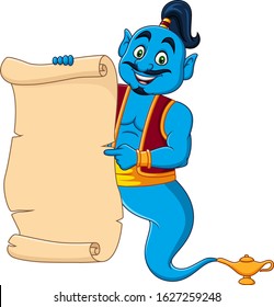 Cartoon genie holding blank scroll paper