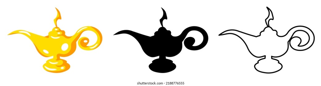 Cartoon genie lamp. Vector illustration isolated on white background.