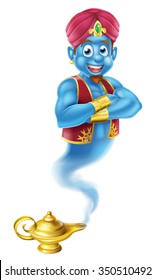 A Cartoon Genie like in the story of Aladdin coming out of a magic lamp