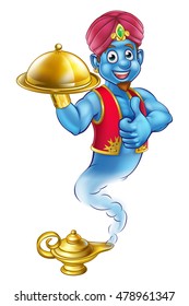 A cartoon genie like in the story of Aladdin coming out of a magic lamp and holding a tray of food while giving a thumbs up