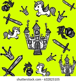 Cartoon gentle fairy pattern background with a unicorn castle knight with a sword crown