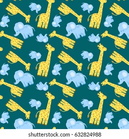 Cartoon gentle pattern with giraffe and elephant background