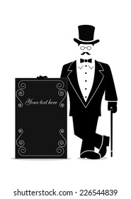 cartoon gentleman with a banner in hands