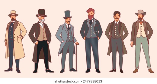 Caballero de la caricatura. Gente retro inglesa, personajes masculinos vestidos de vintage con bastón y sombrero para caminar, estilo elegante, aristocracia británica, hombre con bigote y barba, set de Vector del siglo XIX