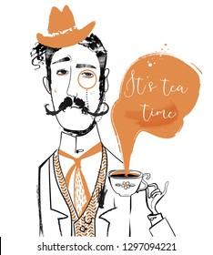 cartoon gentleman with tea cup