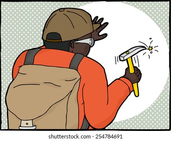 Cartoon of geologist in orange using rock hammer in frame