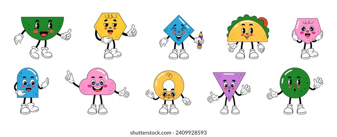 Cartoon geometric characters icon. Funny face, expression shape circle and square forms, happy simple, cute leg and arm, emoji in shoe comic flat design abstract, illustration. Vector tidy graphic