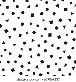 Cartoon geometric seamless pattern. Uneven triangles, squares, circles drawn by hand. Black, white.  Vector illustration.