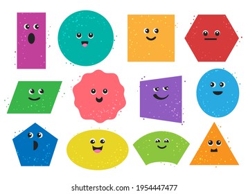 Cartoon geometric shapes characters. Abstract square hexagonal circle and polygonal funny faces for kids geometrical emotional character set
