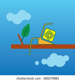 cartoon geometric snail on a tree branch on blue sky background