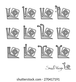cartoon geometric snails expression set in shades of gray