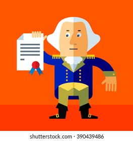 Cartoon George Washington  with graduation diploma. Flat style vector illustration . Presidents Day Celebration
