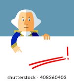 Cartoon George Washington holding a blank sheet and pointing on red underline empty place. Flat style vector illustration . Presidents Day Celebration