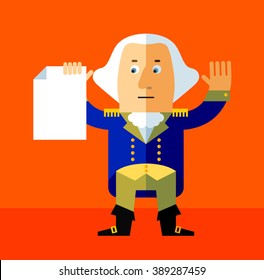 Cartoon George Washington holding blank sheet of paper. Flat style vector illustration . Presidents Day Celebration