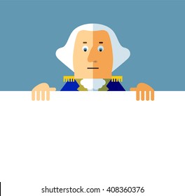 Cartoon George Washington holding a blank sheet. Flat style vector illustration . Presidents Day Celebration