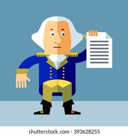 Cartoon George Washington holding document. Flat style vector illustration . Presidents Day Celebration