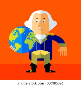 Cartoon George Washington holding a globe and waving hand. Flat style vector illustration . Presidents Day Celebration