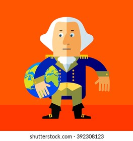 Cartoon George Washington holding a globe. Flat style vector illustration . Presidents Day Celebration