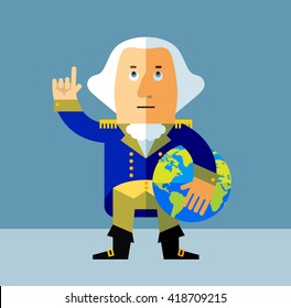 Cartoon George Washington holding a globe and making attention gesture with forefinger . Flat style vector illustration . Presidents Day Celebration