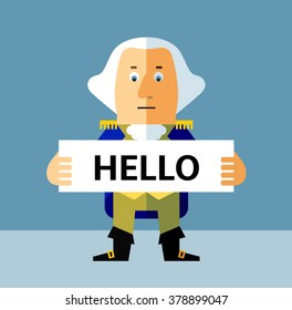 Cartoon George Washington   holding a hello sign. Flat style vector illustration . Presidents Day Celebration 