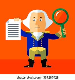 Cartoon George Washington with magnifier glass and document searching. Flat style vector illustration . Presidents Day Celebration