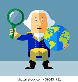 Cartoon George Washington with magnifier glass and globe. Global search. Flat style vector illustration . Presidents Day Celebration