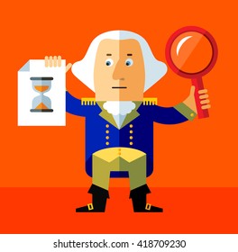 Cartoon George Washington with magnifier glass and preloader icon. Searching. Flat style vector illustration . Presidents Day Celebration