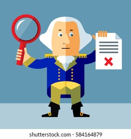 Cartoon George Washington with magnifier glass holding checklist with X sign. Unsuccessful searching. Flat style vector illustration . Presidents Day Celebration