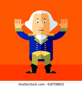 Cartoon George Washington raising his hands. Flat style vector illustration . Presidents Day Celebration