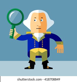 Cartoon George Washington  Seeing Through Magnifying Glass. Flat style vector illustration . Presidents Day Celebration
