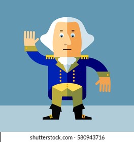 Cartoon George Washington waving hand. Flat style vector illustration . Presidents Day Celebration