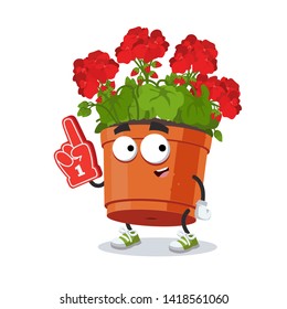 cartoon geranium flower in a pot character mascot with the number 1 one sports fan hand glove on a white background