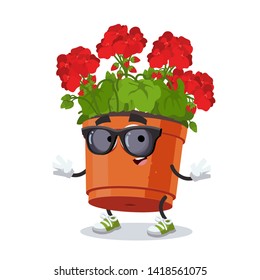 cartoon geranium flower in a pot character mascot in black sunglasses on a white background