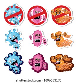 Cartoon Germ, Bacteria, Virus And Microbe Set. Funny Characters Collection. Cute Monster Icons In Vector Style. Cartoon Corona Virus Characters Isolated Vector Illustration