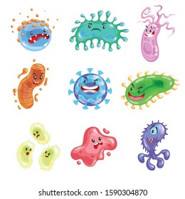 Cartoon germ, bacteria, viruse and microbe set. Funny characters collection. Cute monster icons in vector style. Isolated on white background.