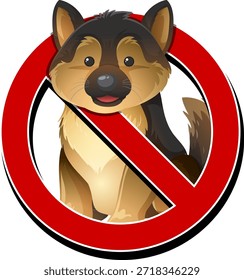 Cartoon German Shepherd behind red prohibition symbol, flat vector style, white background, bold colors