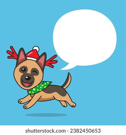 Caricatura de perro pastor alemán con disfraces de navidad y burbuja de discursos para diseño.