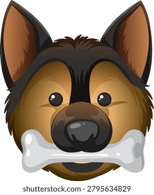 Cartoon German Shepherd head with bone, bold outlines, warm colors, front view, vector style